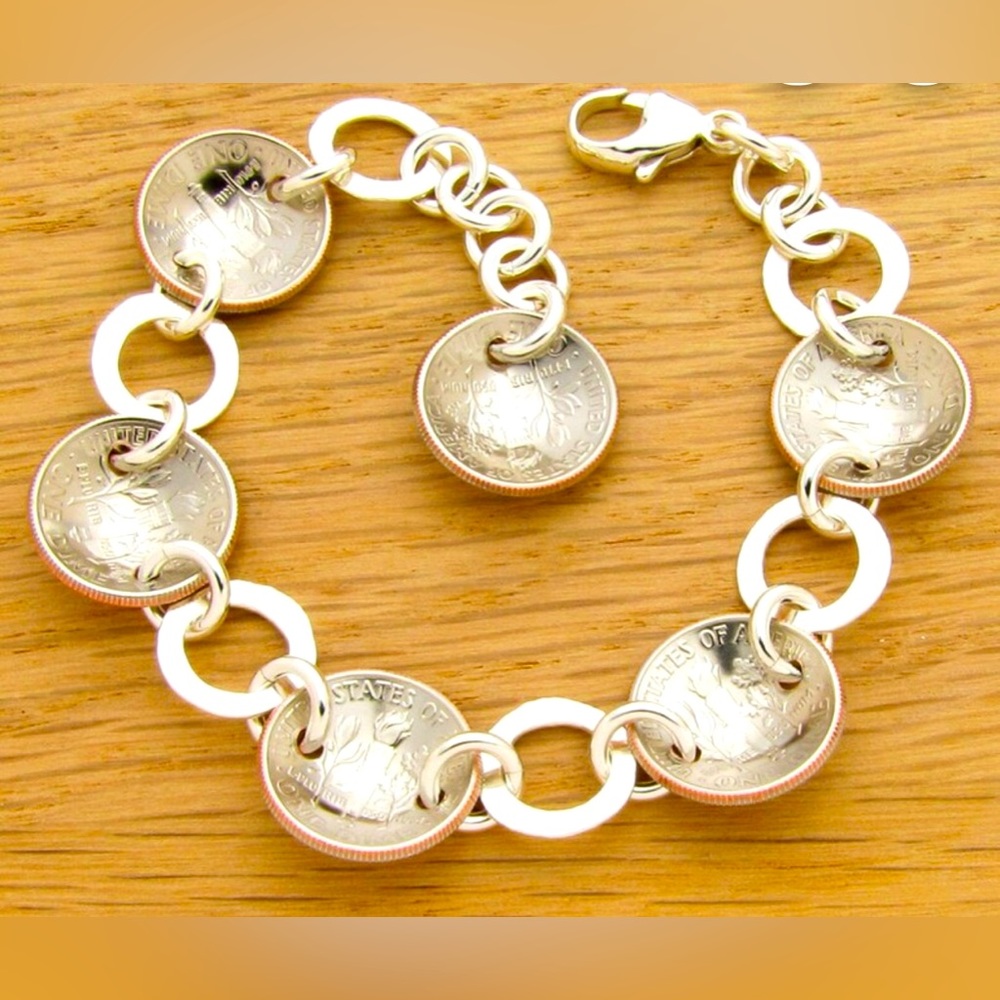 NWT US Dime Bracelet Sterling Silver Rings Clasp Anniversary Birthday Coin 1973 - Picture 2 of 2